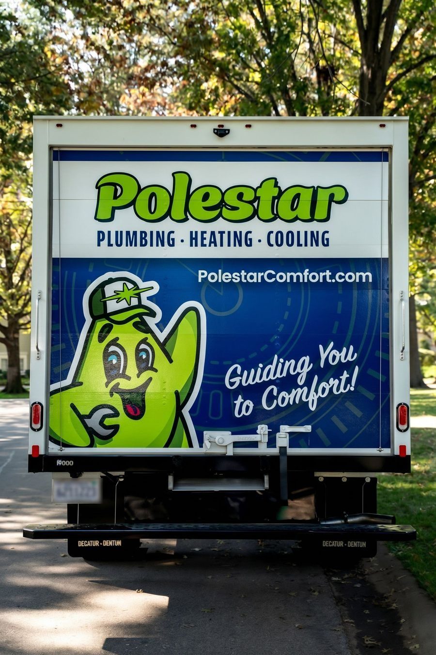 back of green and blue polestar truck