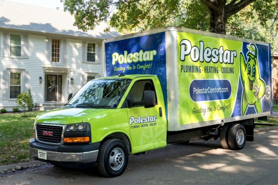 green and blue polestar truck in front of white house